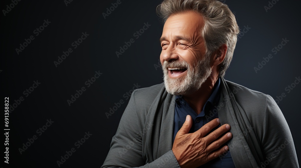 Fototapeta premium Studio shot of a senior man experiencing chest discomfort against