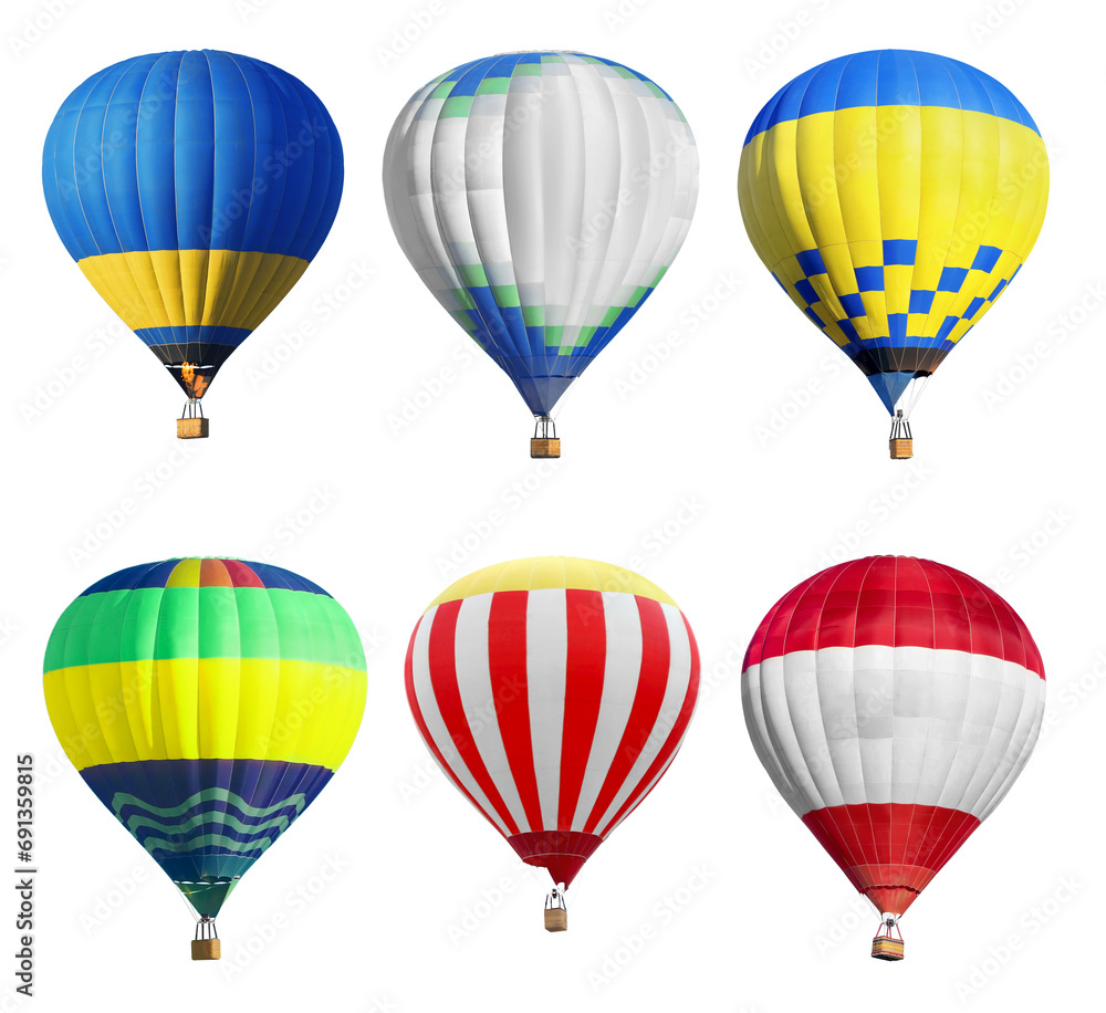 Fototapeta premium Bright hot-air balloons on white background, set