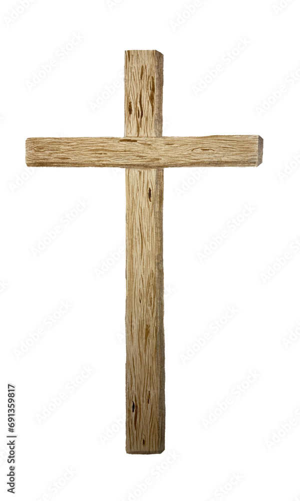 Watercolor wooden cross, baptismal, wedding religious illustration isolated on white
