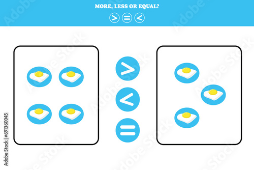 More, less or equal. Educational counting game for kids. Learning mathematic with eggs.