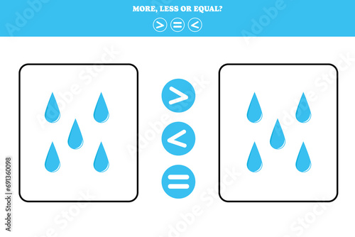 More, less or equal. Educational counting game for kids. Learning mathematic with raindrops.