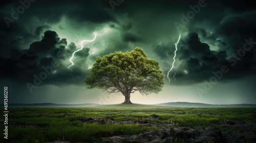 Loleny tree in the field under under a stormy sky with lightning. Wallpaper.