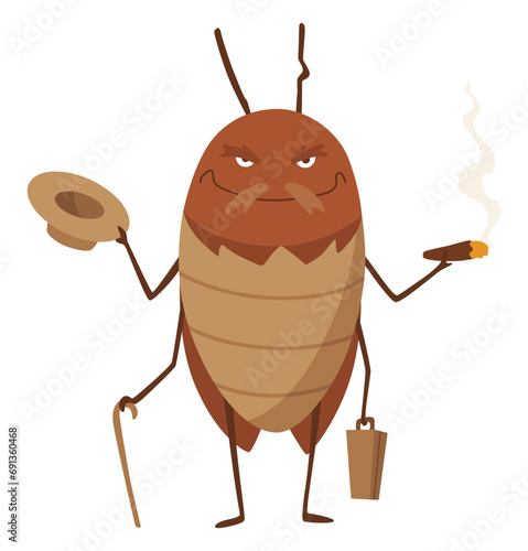 Dirt cockroach. Funny brown beetle. Adorable parasit, wildlife sticker. Cartoon insect pest vector illustration