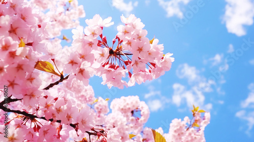 桜と空、満開のサクラの花と春の青空の風景
