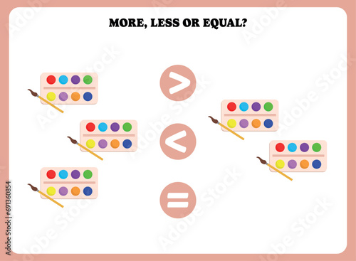 More, less or equal. Educational counting game for kids. Learning mathematic with watercolor.