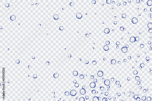Blue air bubbles, oxygen, champagne crystal clear, isolated on a transparent background of modern design. Vector illustration of EPS 10.