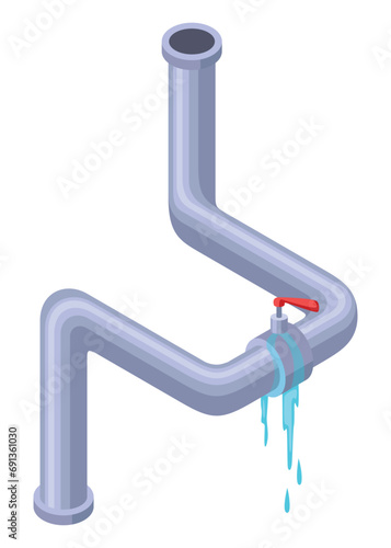 Leaking pipes isometric. Broken pipe tube with leaking water. Plumbing construction pipeline with damage element. 3d industrial water system