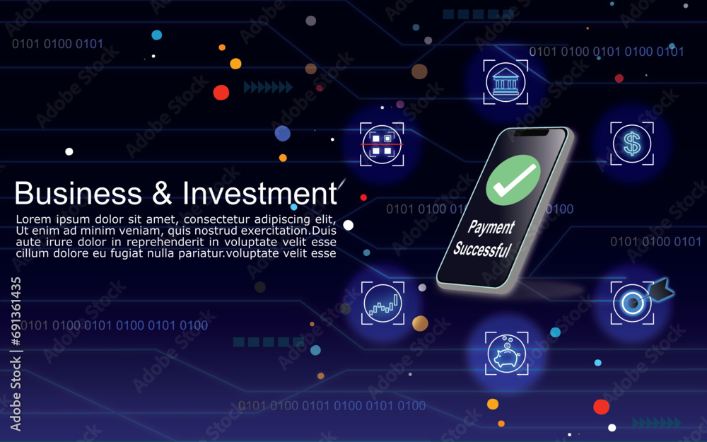 AI(Artificial Intelligence) Mobile technology  background for bank business and Investment. Blue neon cyber space infographic. Saving Piggy, Graph, qr code, money and target   icon.
