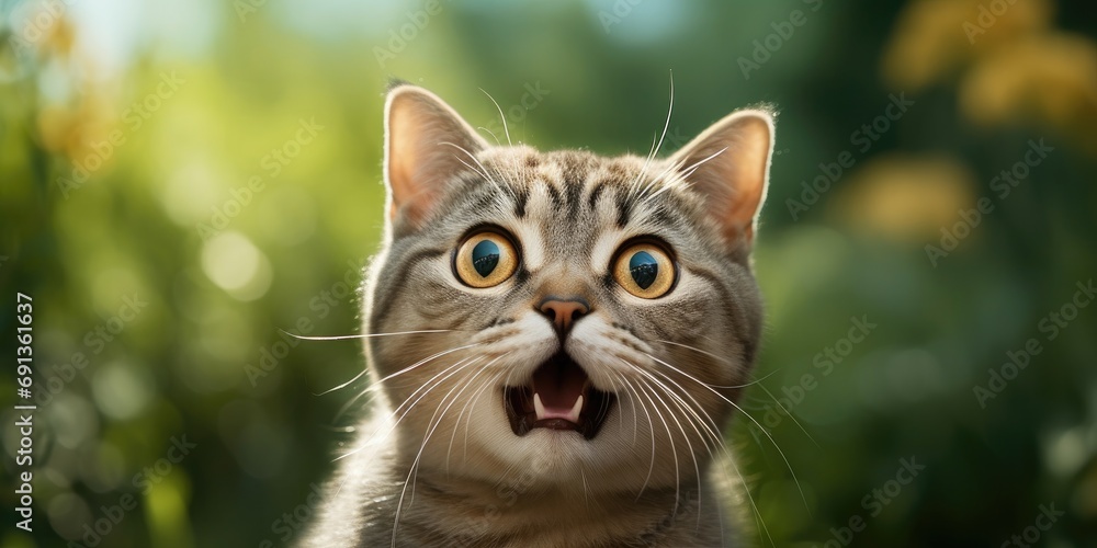 Close-up portrait of a cute tabby cat with beautiful fur, yawning and showing many adorable facial expressions.