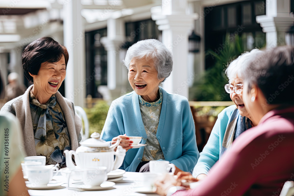 Retirees enjoy socializing at the café, sharing smiles, food and conversation in a warm and caring environment. Retirees enjoy socializing at the café, sharing smiles, food and conversation in a warm and caring environment.