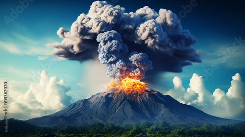 Massive Volcano Eruption. A large volcano erupting hot lava and gases into the atmosphere.
