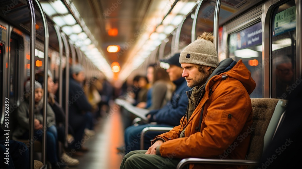 Variety of passengers ride the subway car Variety of passengers ride the subway car