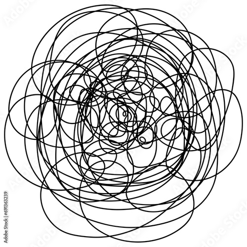 Curly ball of astrakhan fur. Sketch. Chaotic squiggles. Black and white vector illustration. Hand drawing. A tangled ball. Outline on isolated background. Idea for web design. photo