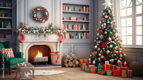 Interior of decorated living room with Christmas tree and comfortable sofa for family comeliness