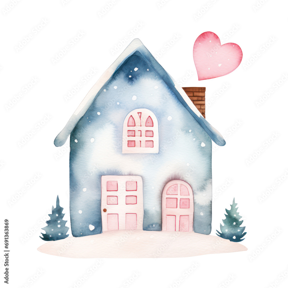 Watercolor illustration of Christmas valentine house, Valentine concept.