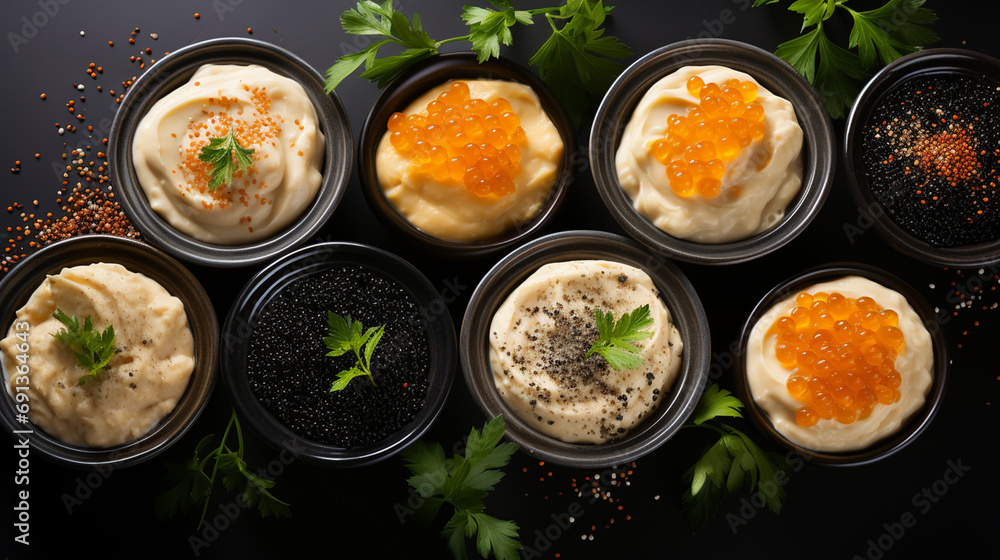 crackers with cream cheese red and black caviar, horizontal crackers with cream cheese red and black caviar, horizontal