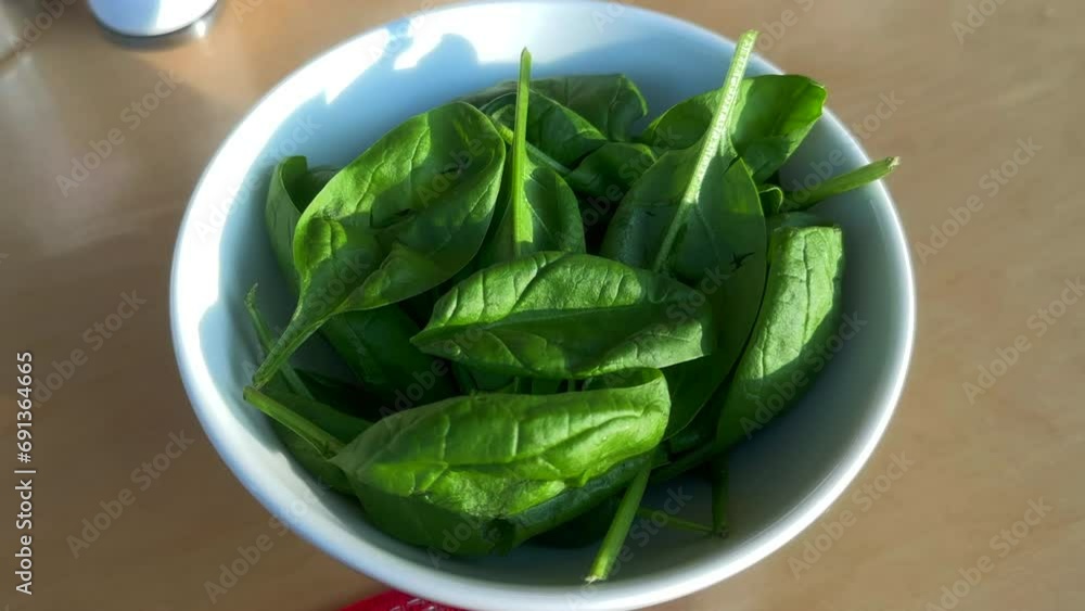 Fresh spinach in a bowl. A bowl of raw spinach leaves ready to eat. Spinach leaves close up. Close up macro video.
Fresh spinach in a bowl. A bowl of raw spinach leaves ready to eat. Spinach leaves close up. Close up macro video.