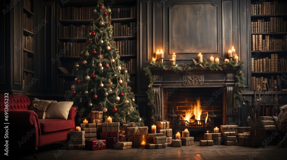 A Christmas background featuring a richly decorated tree, gifts, and a fireplace in an elegant library setting, perfect for Happy New Year and Merry Christmas images. Generative AI.