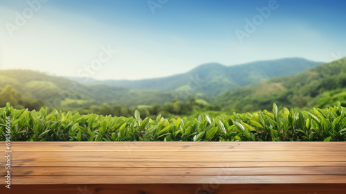 Wooden floor with blurred beautiful landscape of tea plantation background. © alexkich