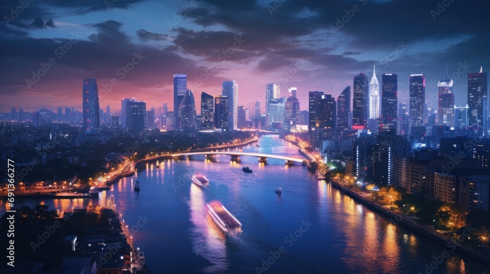 Naklejka premium a light show is showing in front of the cityscape in bangkok, thailand, in the style of daz3d, concert poster, navy and bronze, chillwave, chromatic purity, chaos theory, provia film