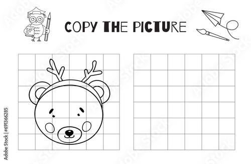 Draw The Portrait Of A Bear With Deer Horns. A Printable Black And White Activity For Kids To Copy Or Complete The Picture On The Coloring Page