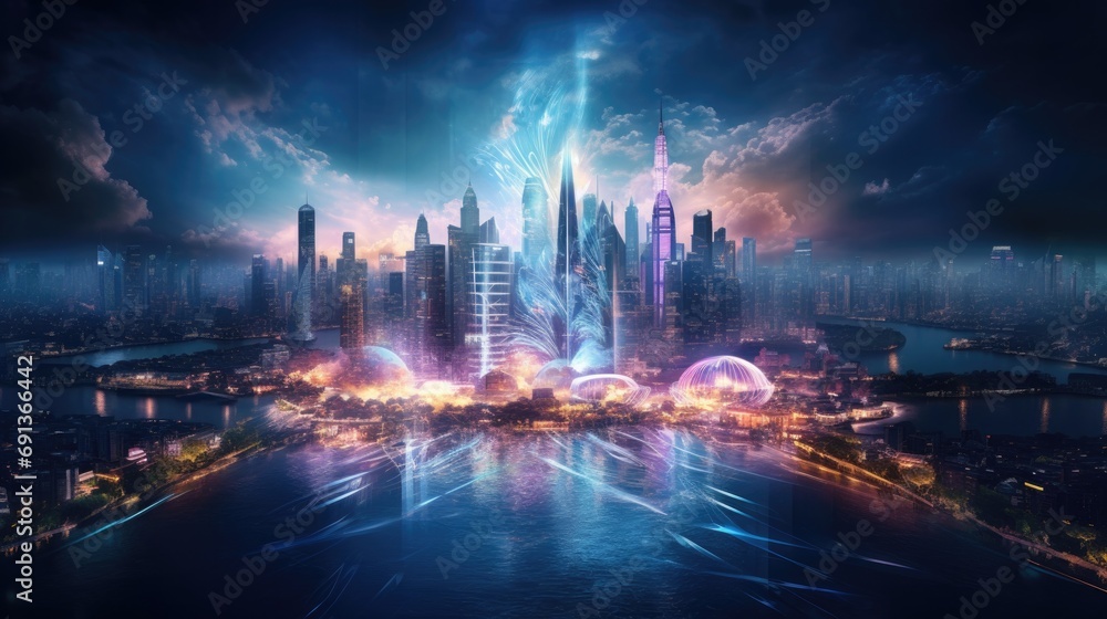 a light show is showing in front of the cityscape in bangkok, thailand, in the style of daz3d, concert poster, navy and bronze, chillwave, chromatic purity, chaos theory, provia film a light show is showing in front of the cityscape in bangkok, thailand, in the style of daz3d, concert poster, navy and bronze, chillwave, chromatic purity, chaos theory, provia film
