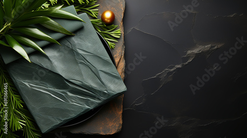 Folded black napkins on black stone background with green leaves. Eco friendly Mock up for display or montage of dishes, food or washing detergent.