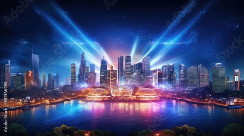 a light show is showing in front of the cityscape in bangkok, thailand, in the style of daz3d, concert poster, navy and bronze, chillwave, chromatic purity, chaos theory, provia film © panu101