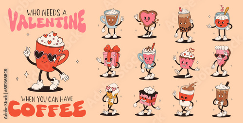 Valentine's Day set of funny vintage characters. Happy and cheerful retro. Old animation 60s 70s, groovy cartoon characters of coffee and sweets, donut, cupcake, espresso, latte, cocoa, cake. present.