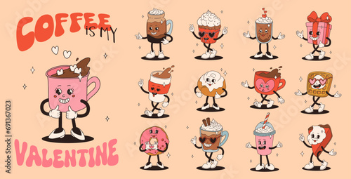 Valentine's Day set of funny vintage characters. Happy and cheerful retro. Old animation 60s 70s, groovy cartoon characters of coffee and sweets, donut, cupcake, espresso, latte, cocoa, cake. present.