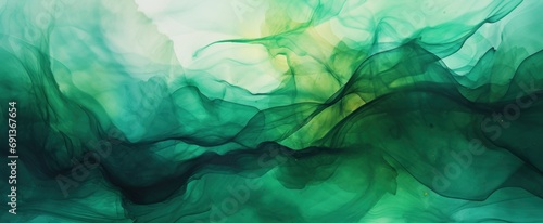 New Year and Christmas Green painted artwork of abstract transparent alcohol ink background. Deep green flow liquid watercolor paint splash texture Background,