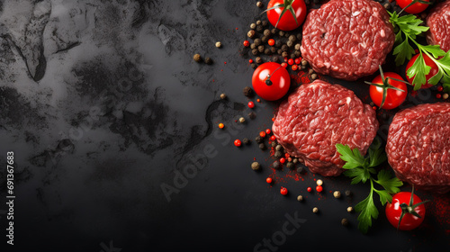 Raw meat, steak on black background photo