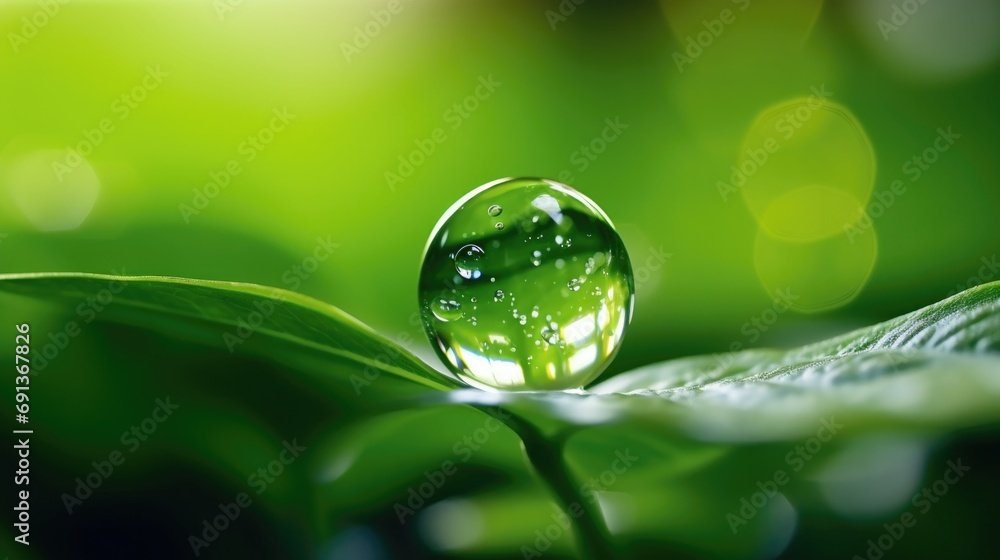 Carbon reduction inside water droplet on green leaf for for decrease CO2 , carbon footprint and carbon credit to limit global warming from climate change, Bio Circular Green Economy concept. 4k. - obrazy, fototapety, plakaty 