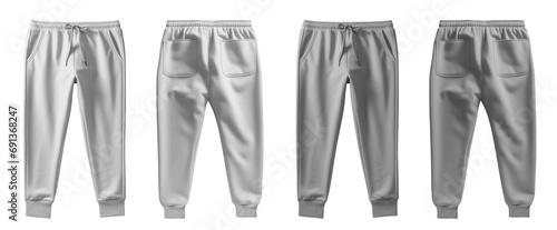 2 Set of white and light grey gray, front back view sweatpants jogger sports trousers bottom pants on transparent background, PNG file. Mockup template for artwork design photo