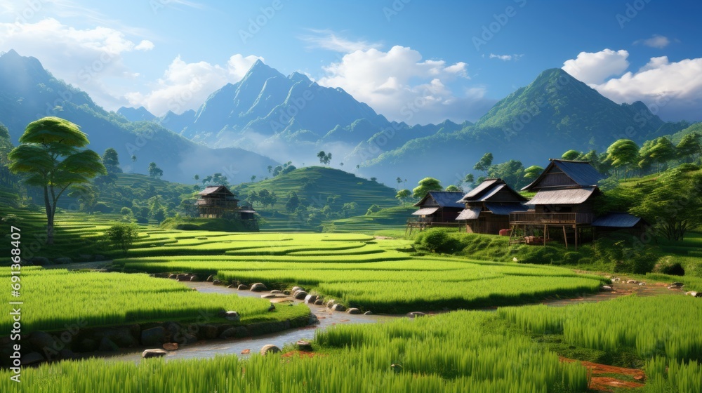 rural asian landscape, sunrise farm, sunrise garden, morning, rice fields, terraced farm, rice, field, rice field, rice field, field grass field 