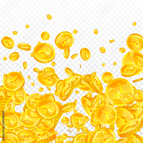 Indian rupee coins falling. Scattered gold INR