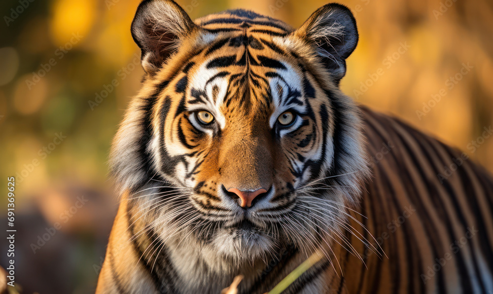 Fototapeta premium Majestic Stare, Wild Tiger, Intensely Gazing with Power, A Captivating Wildlife Moment.