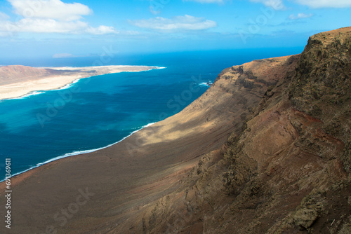 Spectacular Panorama view of the small island of La Graciosa. Seen from the Mirador del Rio on Lanzarote. Spain, Europe