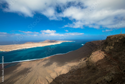 Spectacular Panorama view of the small island of La Graciosa. Seen from the Mirador del Rio on Lanzarote.  Spain  Europe