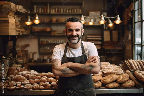Bakery Entrepreneurship, Small Business Owner Proudly Showcases Fresh Croissants. photo
