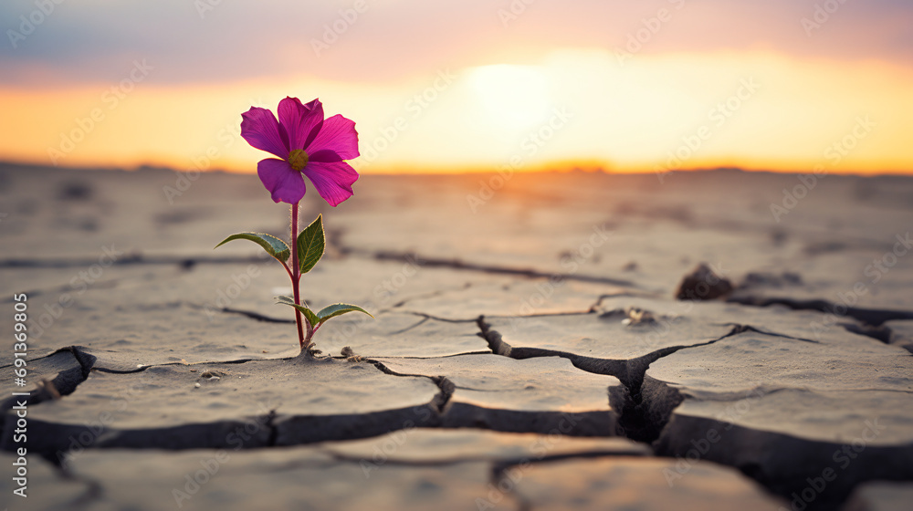 Lonely flower standing on cracked soil - obrazy, fototapety, plakaty 