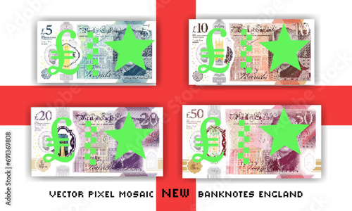 Vector set of pixel mosaic new banknotes of England. 2024. Collection of 5, 10, 20 and 50 pounds notes. Obverse. Play money or flyers.