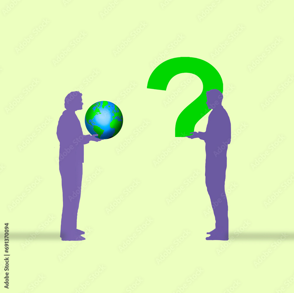 Two men standing with planet Earth and part of large question mark in hands Two men standing with planet Earth and part of large question mark in hands