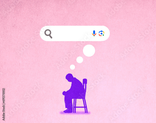 Man sitting on chair with search bar as thought bubble