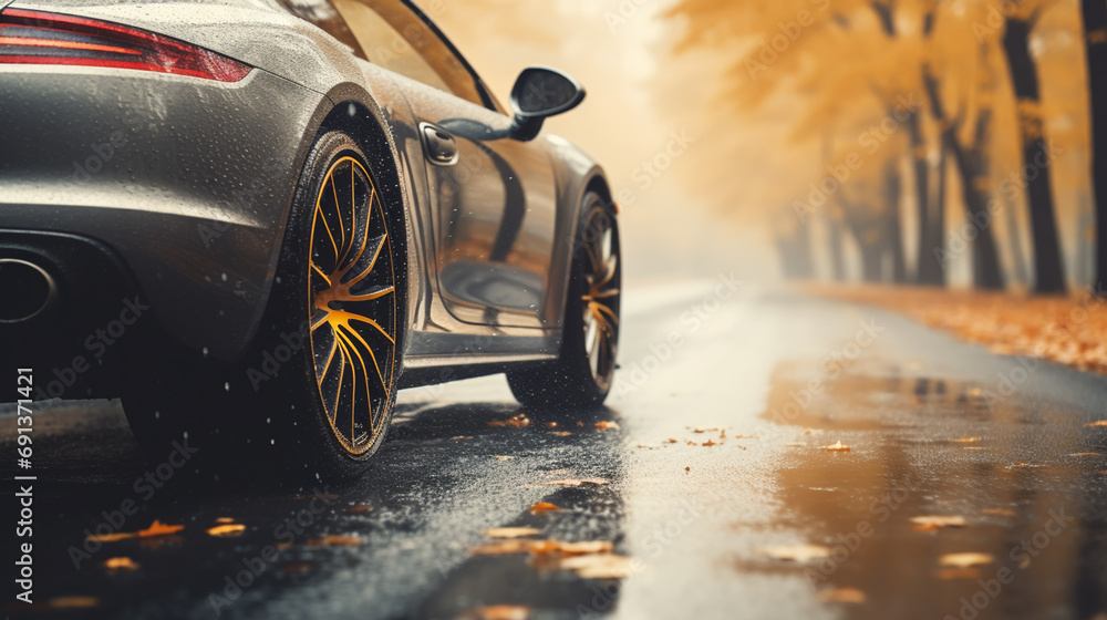 Closeup of a car with leaves stuck on wheels on a wet road in the autumn - obrazy, fototapety, plakaty 
