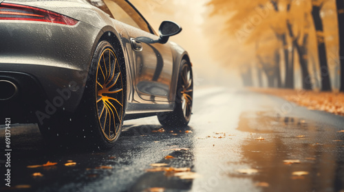 Closeup of a car with leaves stuck on wheels on a wet road in the autumn photo