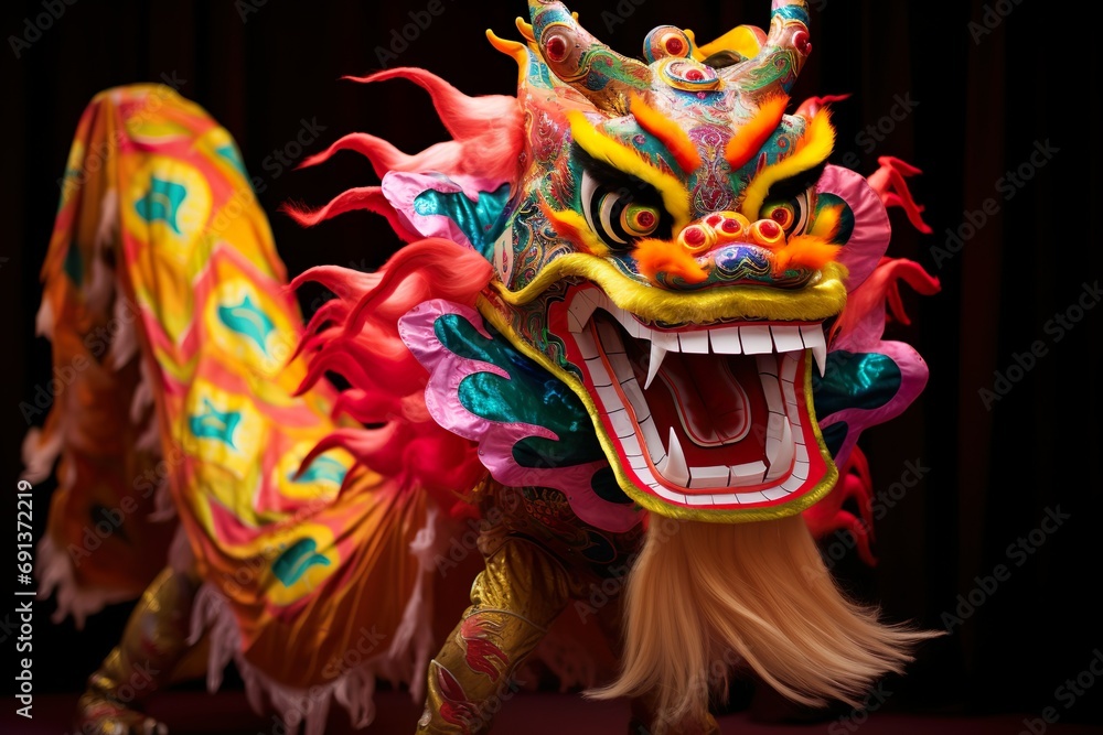 close-up of chinese new year multi colored dragon lion 