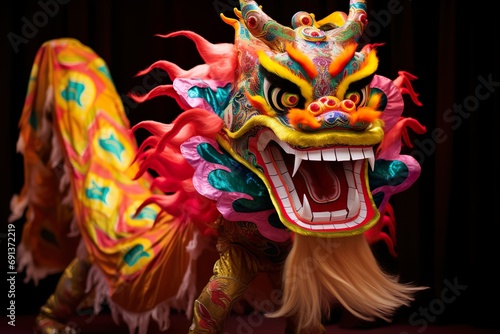 close-up of chinese new year multi colored dragon lion 