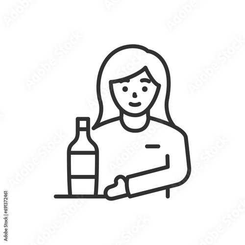 Wine sommelier, linear icon. Woman recommending a bottle of wine. Line with editable stroke