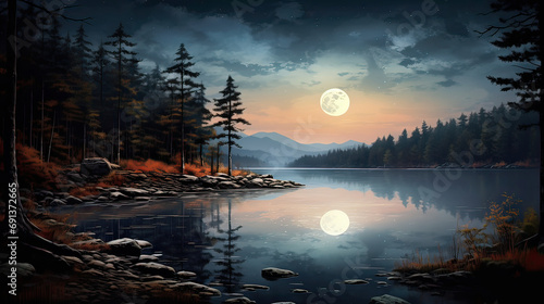 A serene lakeside scene under the full moon  with its reflection shimmering on the water and silhouettes of trees Ai Generative